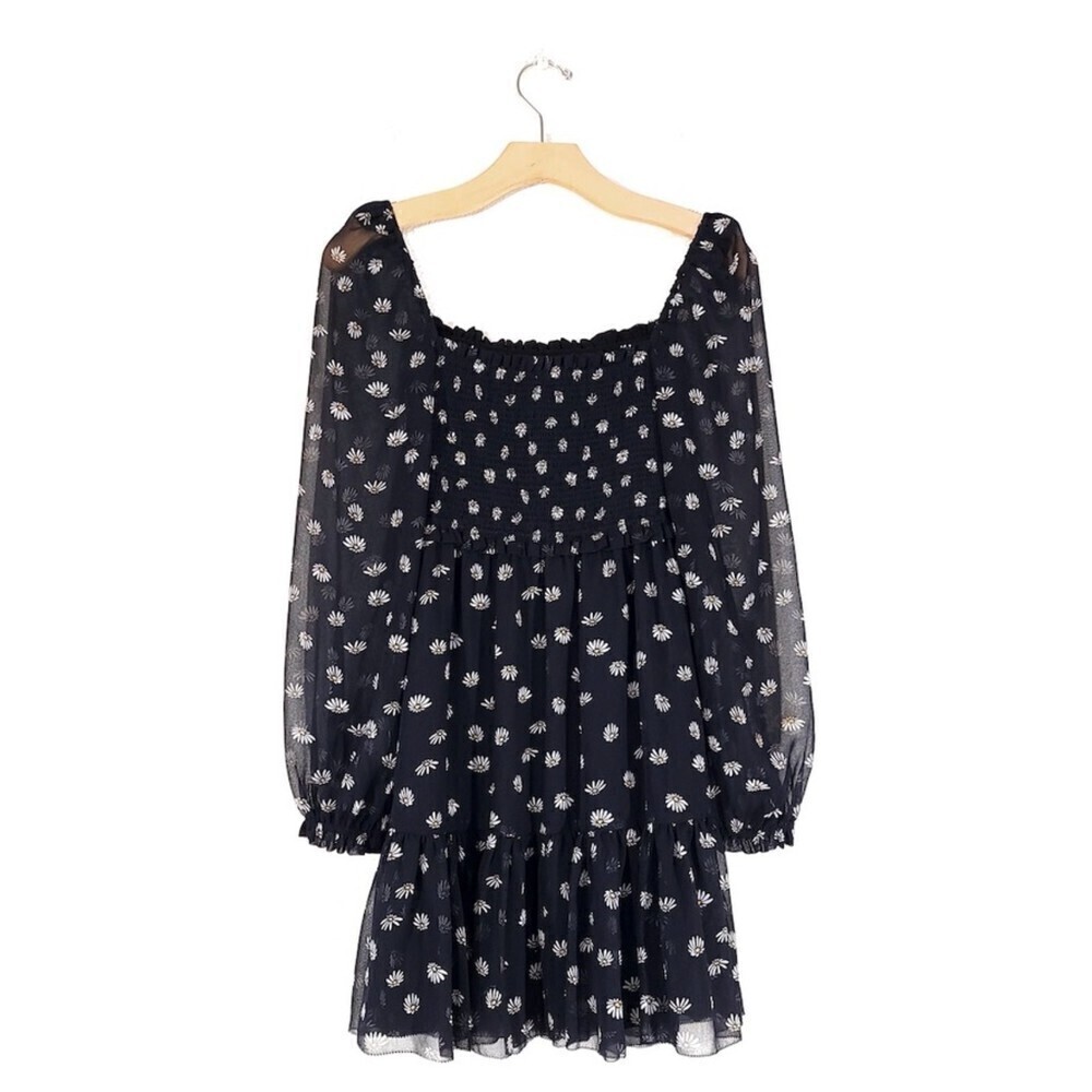 NEW Wilfred Laken Mini Dress Sheer Puff Sleeve Smocked in Black Daisy Floral XXS - Picture 8 of 13